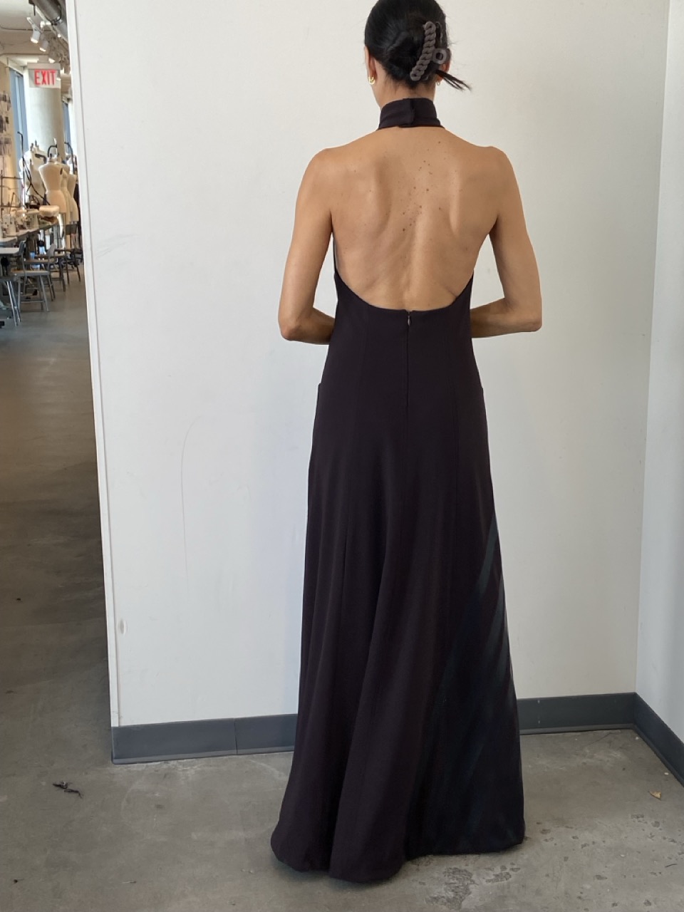 Studio fitting: halter maxi gown, back view